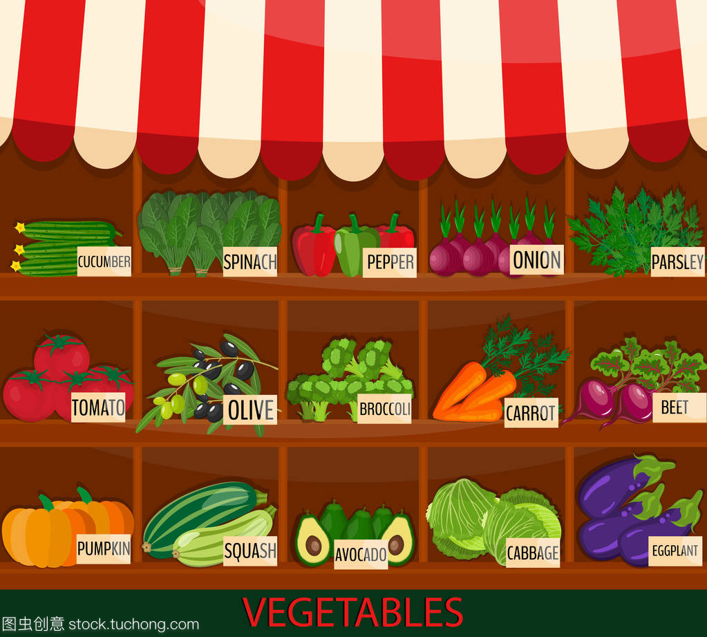 当地的菜摊。新鲜的有机食品产品商店货架上。平面向量。蔬菜贸易公平传单。农业展览海报